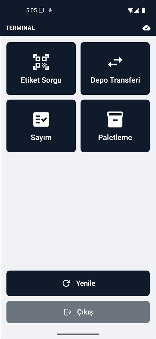 El terminali ana menüsü: Etiket Sorgu, Depo Transferi, Sayım, Paletleme
